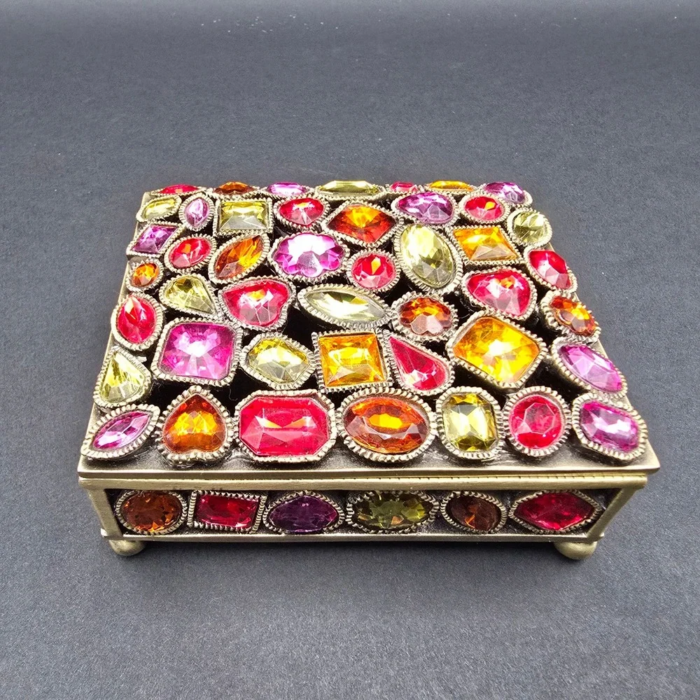Vintage Style Bejeweled Jewelry Box Bronze Tone Multi Color Gemstone Trinket Box